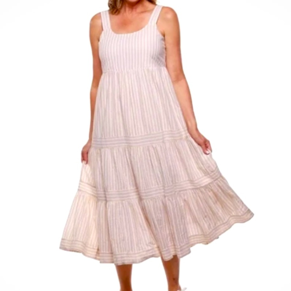[Linda Anderson] Gold, Tan and Striped Tiered Maxi Dress